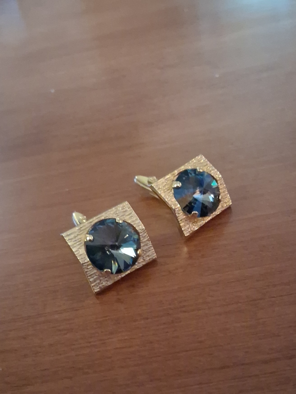 Vintage Gold Tone Square Cuff Links with Teal Blue Crystal Center